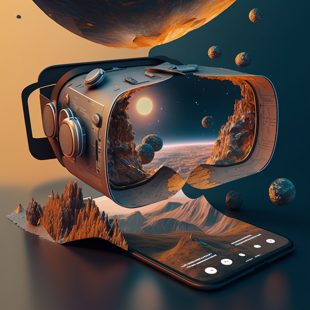 A VR headset on top of a phone showing an exciting world inside similar to the view in another planet